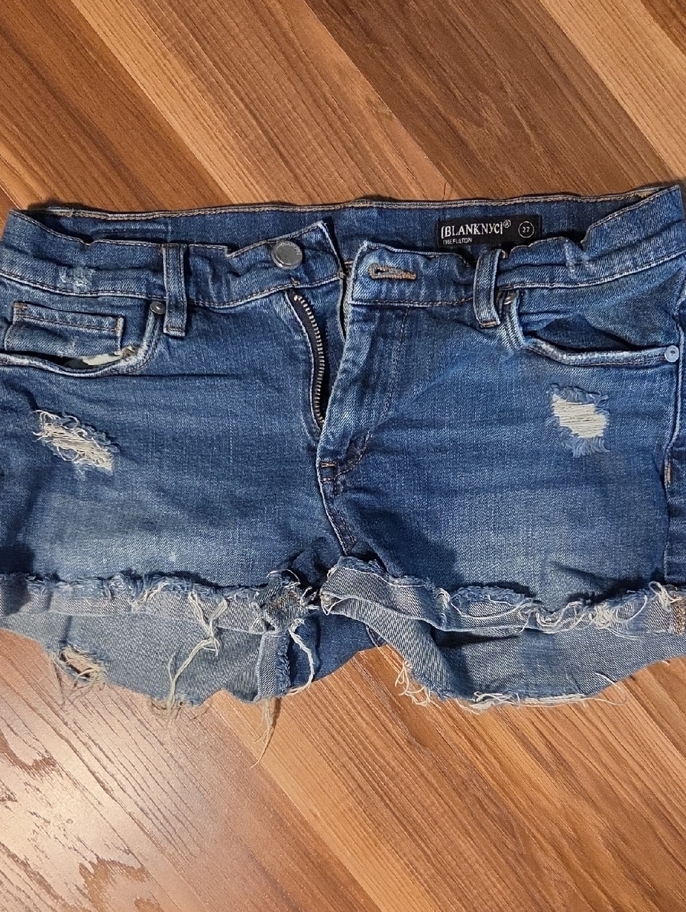 Blank NYC Fulton Raw Hem Distressed Denim Rollup Shorts in Blue
